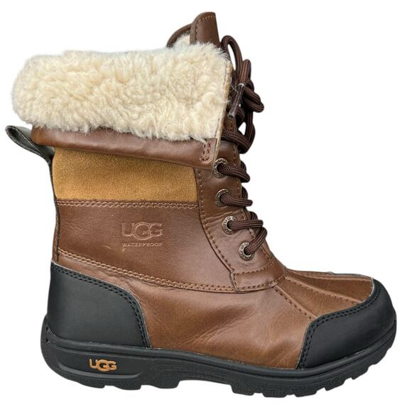 UGG Kids Butte Brown Leather Cuffed Winter Boot Size US 13